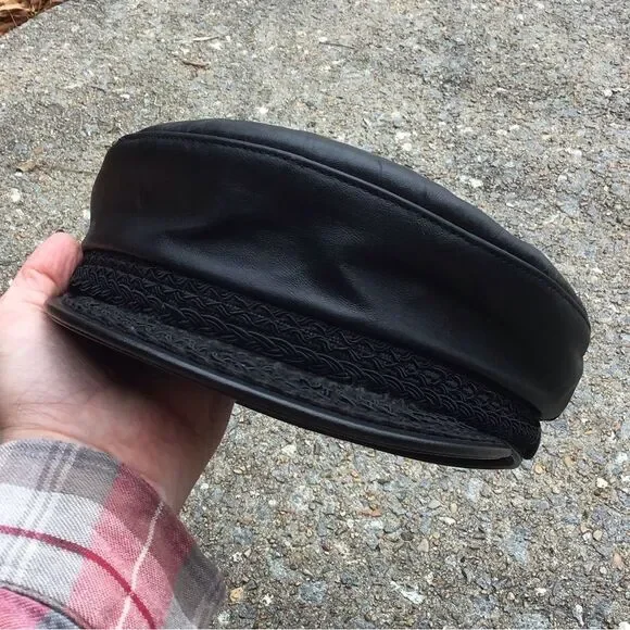 Vintage New York Winner Black Leather Newsboy Fisherman Moto Captain Hat - Picture 4 of 11